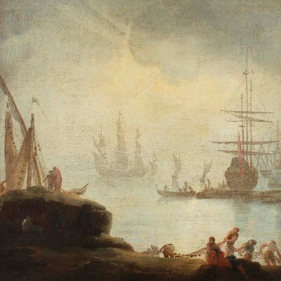 View Of A Harbor With Galleons And Fishermen-photo-3