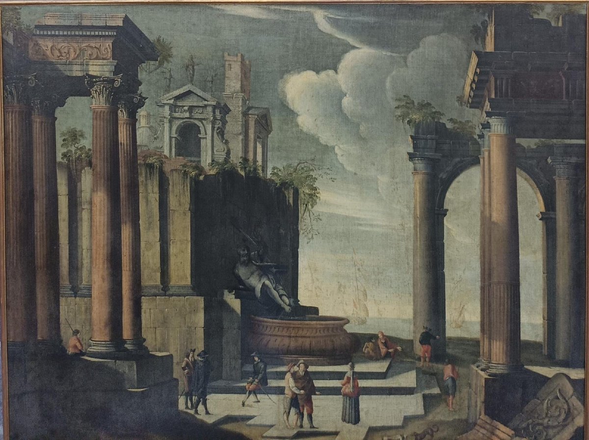 17th-century Emilian School: "architectural Landscape With A Fountain And Ruins"