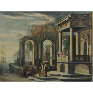 Emilian School, 17th Century "architectural Landscape With Christ And The Adultery Woman"