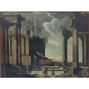 17th-century Emilian School: "architectural Landscape With A Fountain And Ruins"