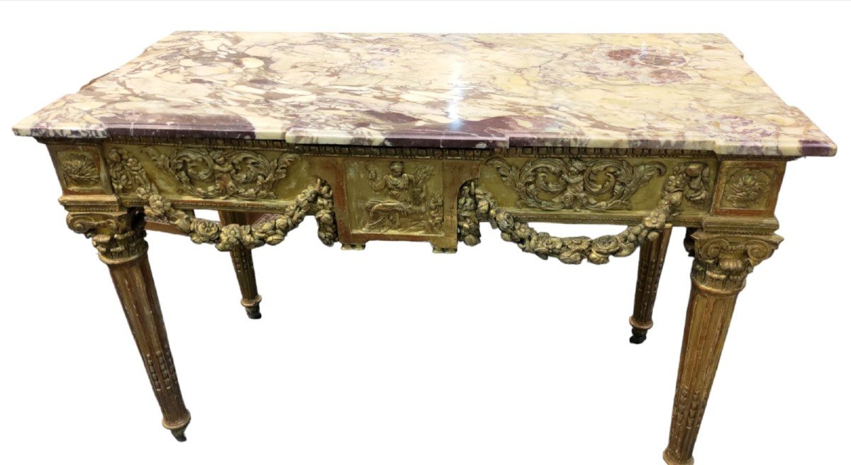 Carved And Gilded Wooden Console, 18th Century, Rome. Peach Blossom Marble