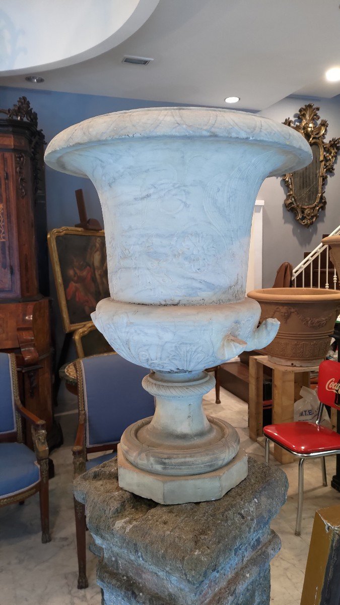 Medici Garden Vase In Finely Carved White Marble And Decorated With A Bas Relief.  19th Century