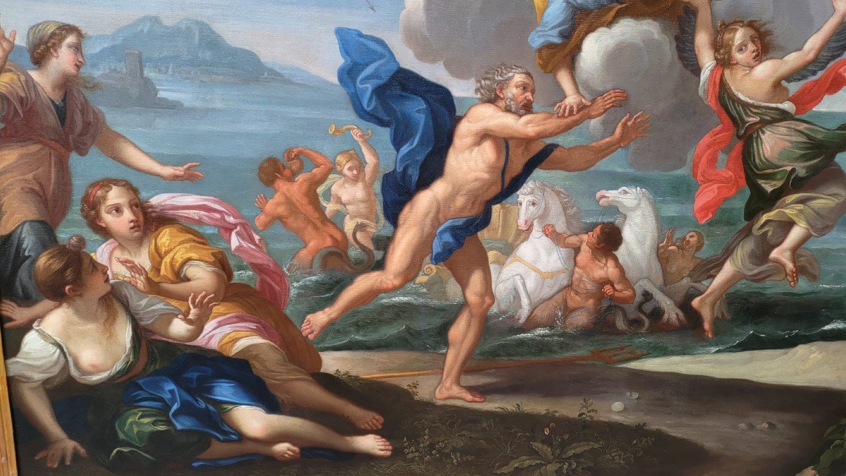 Neptune And Cornix , Oil On Canvas, Roman School Of The 18th Century (attributable To Filippo Lauri)-photo-1