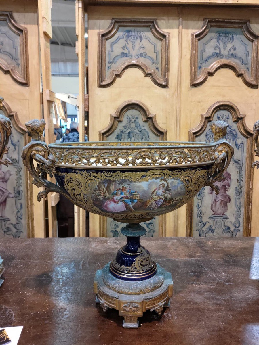 Grand Triptyque Composé De 2 Vases En Porcelaine De Sèvres, Bronze Doré, Fin XIXème Siècle-photo-3