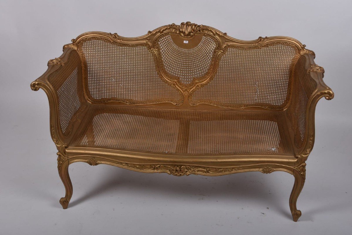 Small Louis XV Style Sofa In Gilded Wood, With Cane Bottom.  L. 132 Cm