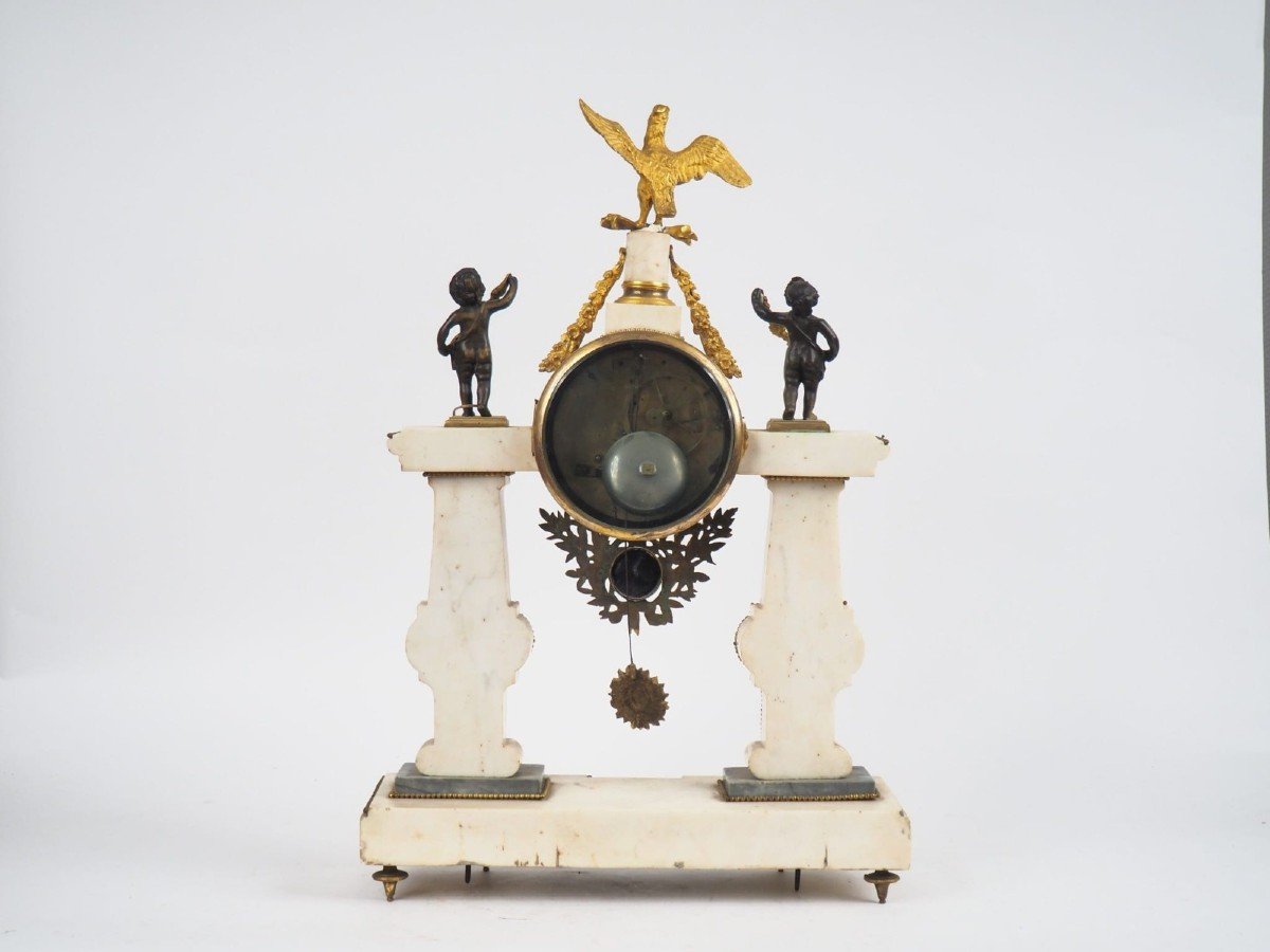Louis XVI Portico Clock In White Marble,putti And Eagle In Gilded Bronze,signed Armingaud,paris-photo-1