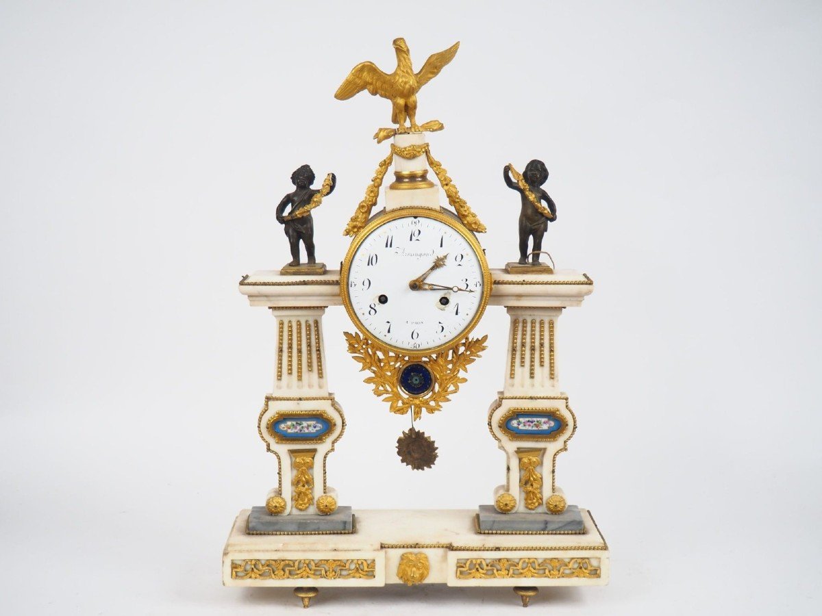 Louis XVI Portico Clock In White Marble,putti And Eagle In Gilded Bronze,signed Armingaud,paris