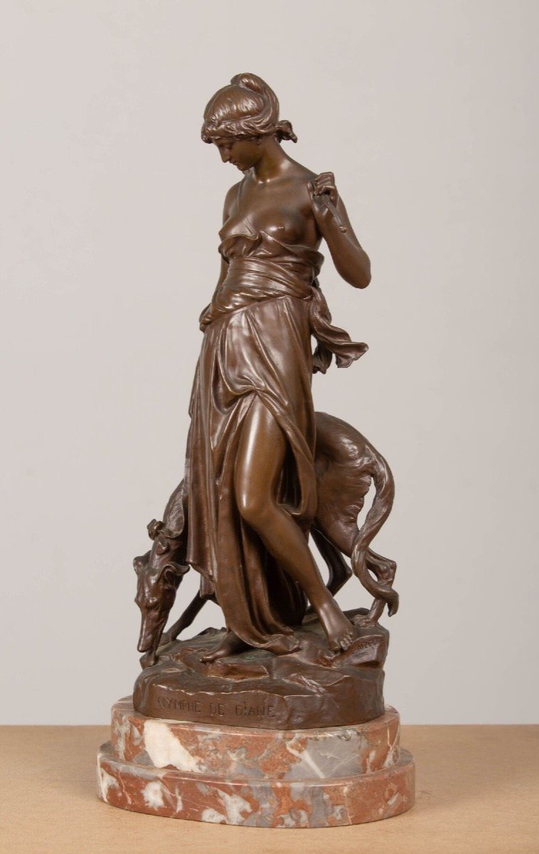 Aizelin,19ème Siècle,nymphe De Diane,bronze à Médaillon Patiné,signée Et Titrée Sur La Terrasse-photo-3