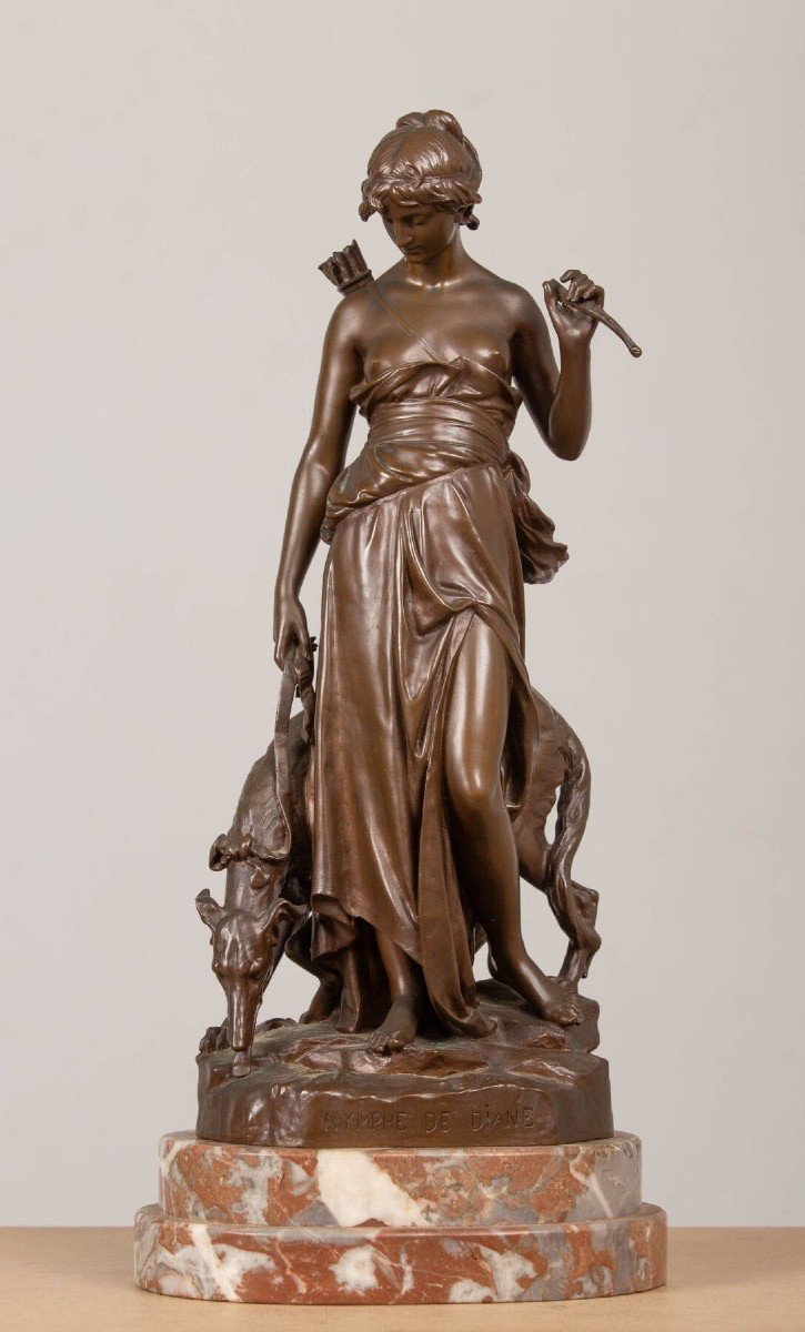 Aizelin,19ème Siècle,nymphe De Diane,bronze à Médaillon Patiné,signée Et Titrée Sur La Terrasse-photo-4
