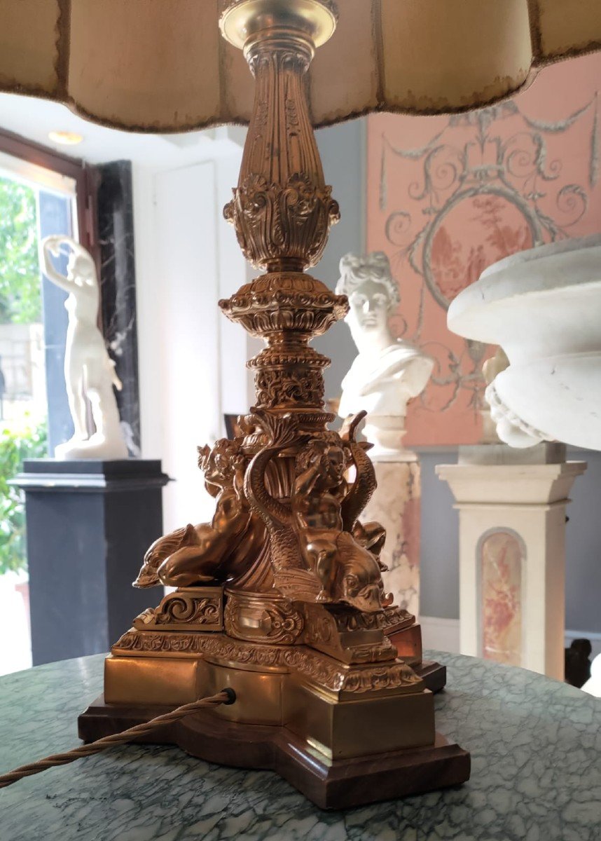 Napoleon III Lamp, In Bronze, 19th Century, Decorated With Marine Motifs