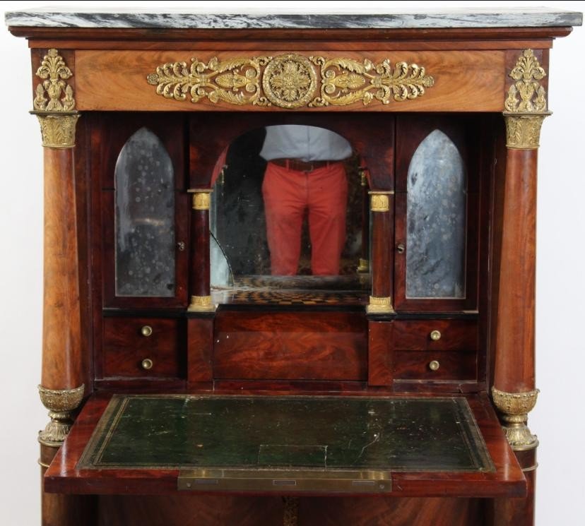 Secretaire Empire. Acajou Et Bronze Dorè. Dessus En Marbre Gris Veiné. XIX Siècle-photo-4