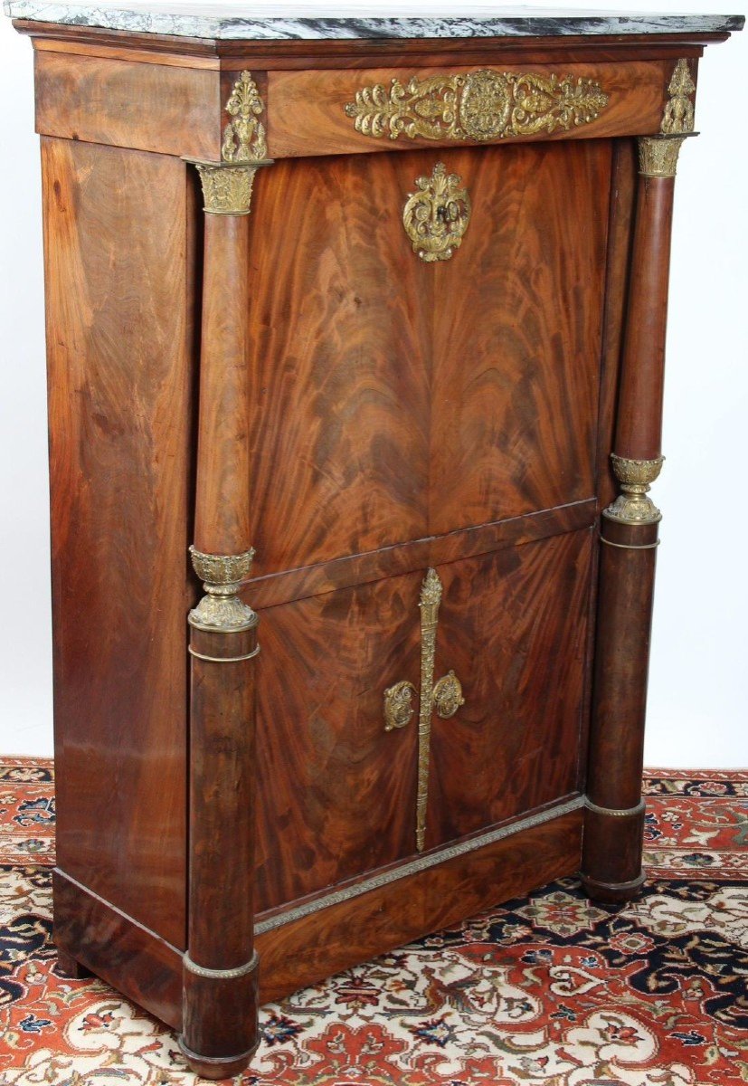 Secretaire Empire. Acajou Et Bronze Dorè. Dessus En Marbre Gris Veiné. XIX Siècle