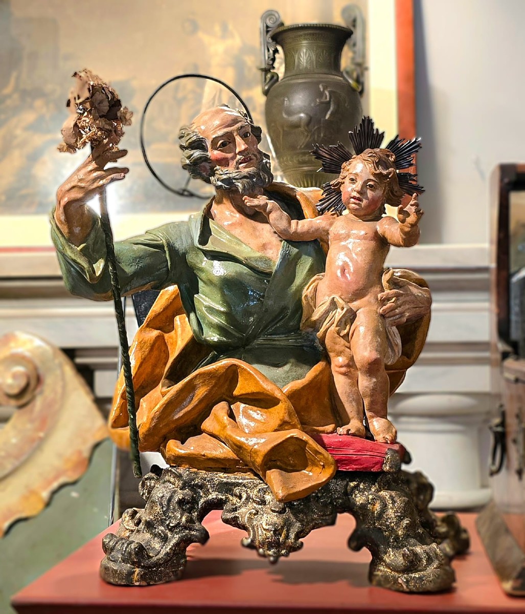 Groupe en terre cuite, Saint Joseph avec l'Enfant bénissant. XVIIIe siècle Naples
