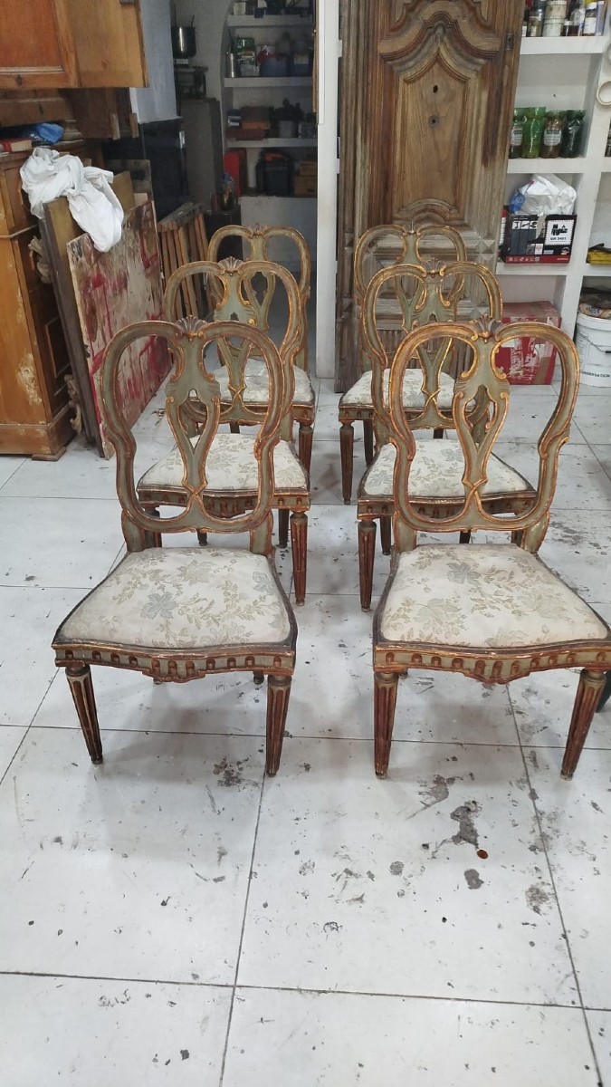 Set Of Six Venetian Rococo Chairs – 18th Century, Lagoon Green Lacquer-photo-2