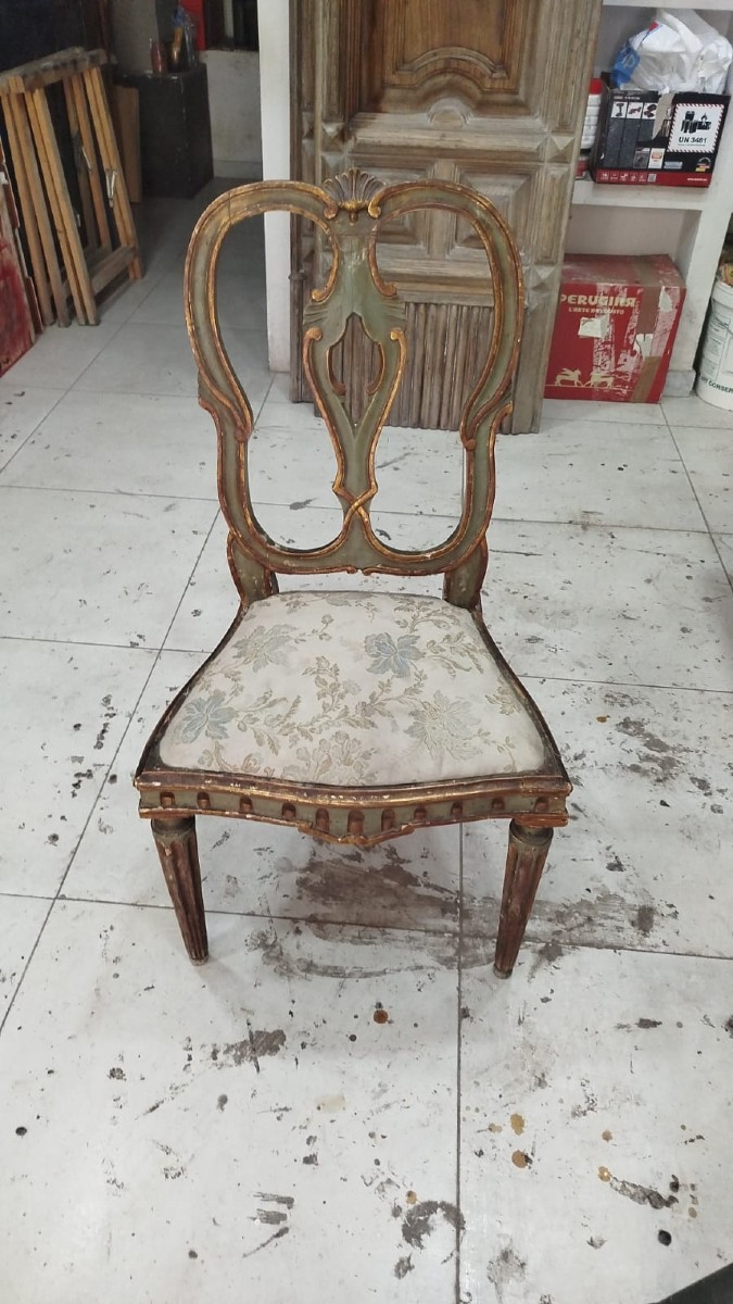 Set Of Six Venetian Rococo Chairs – 18th Century, Lagoon Green Lacquer