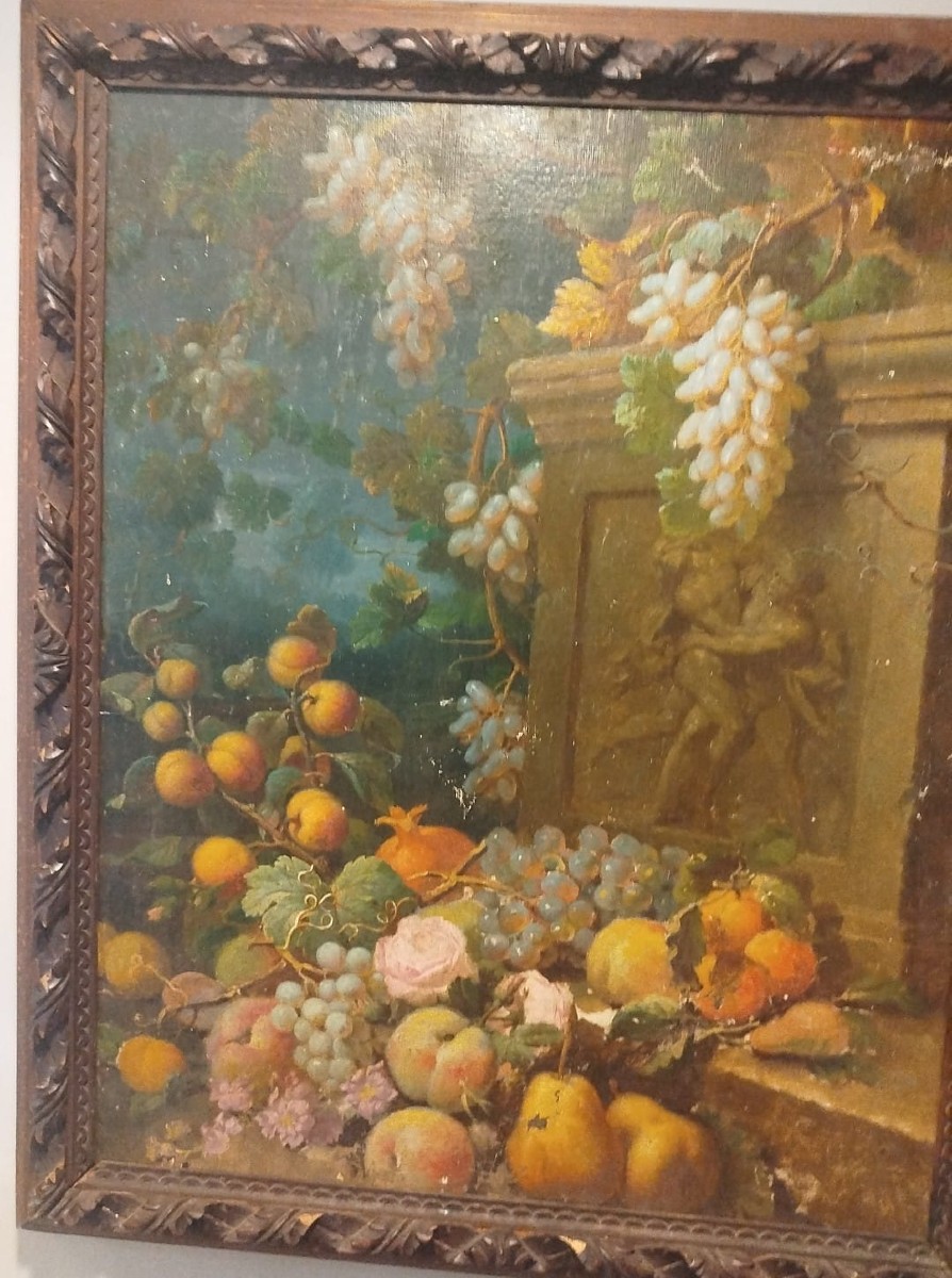 Huile sur toile – Nature morte avec fleurs et fruits, XIXᵉ siècle – 58 × 75 cm