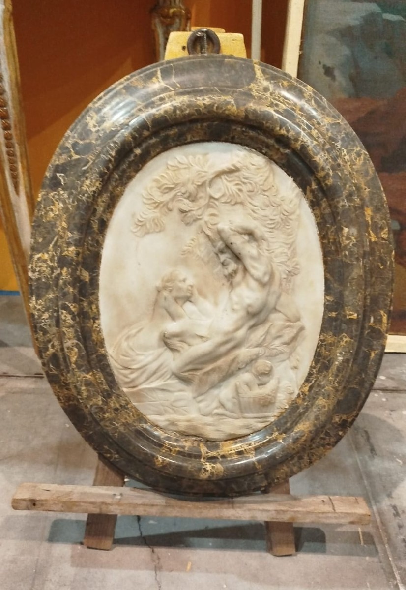 Bas-relief Depicting A Satyr Seducing Venus, Framed In Greek Grey Marble