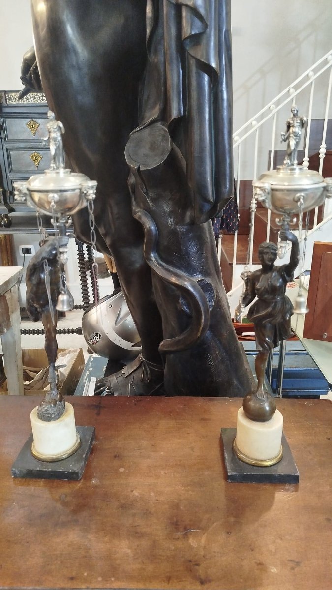 Pair Of Oil Lamps In Silver And Bronze – Rome, Late 18th Century-photo-1