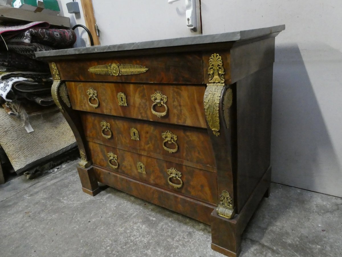 Mahogany Chest Of Drawers With Gilt Bronzes And Bleu Turquin Marble Top – Restoration Period-photo-2