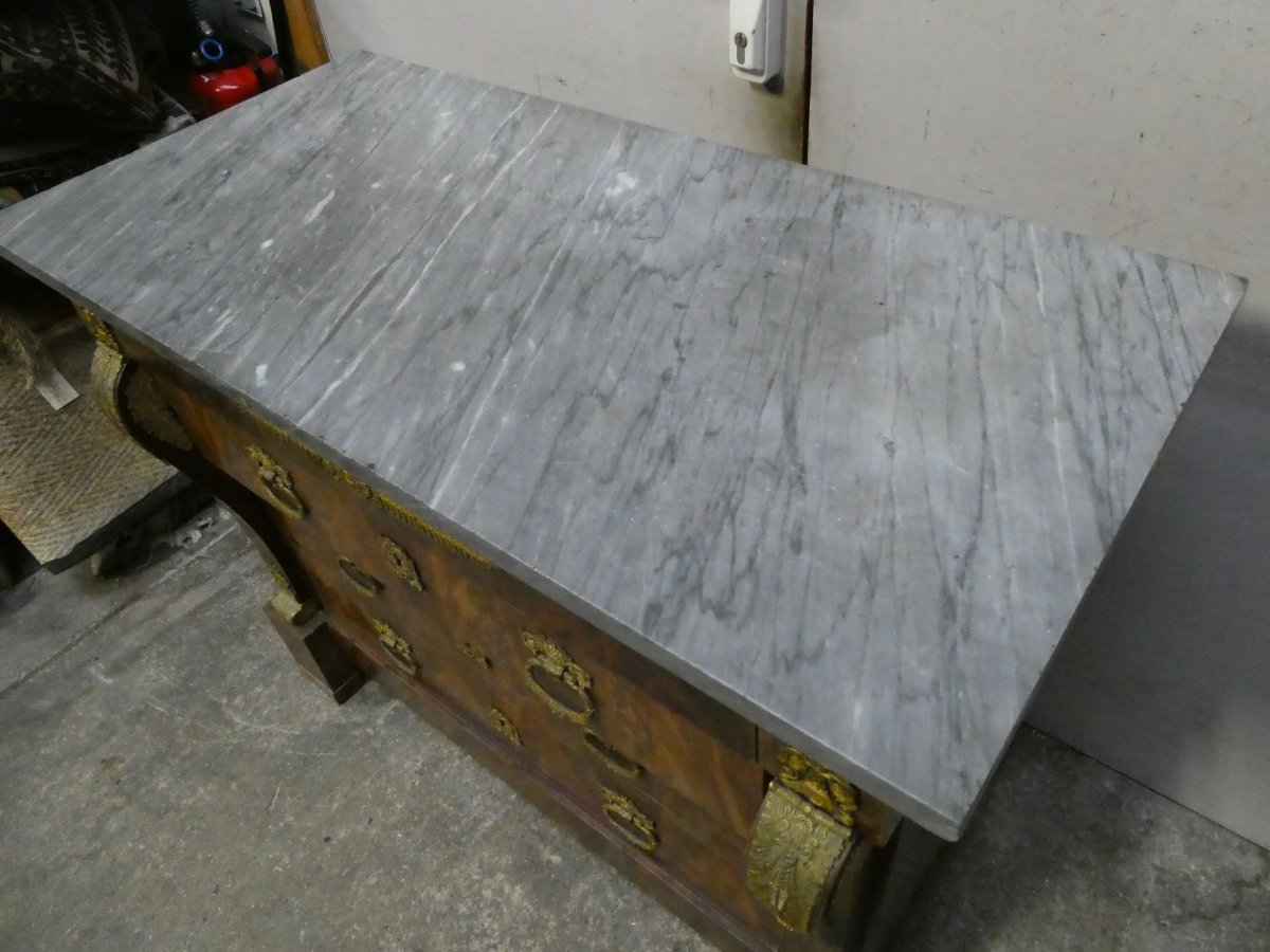 Mahogany Chest Of Drawers With Gilt Bronzes And Bleu Turquin Marble Top – Restoration Period-photo-3