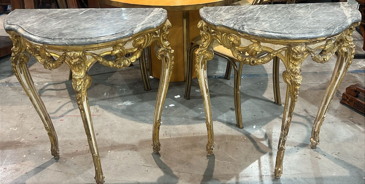 Pair Of Louis XV Console Tables – Naples, Lacquer And Gilt, Bardiglio Marble Tops