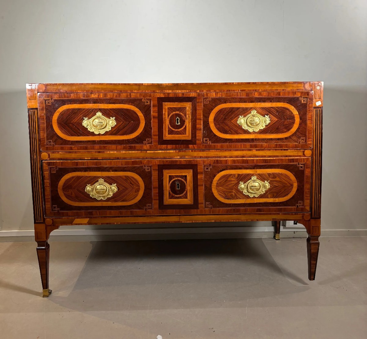 Neapolitan Chest Of Drawers In Fruitwood And Veneered Wood With Gilt Bronze Mounts – 18th Centu