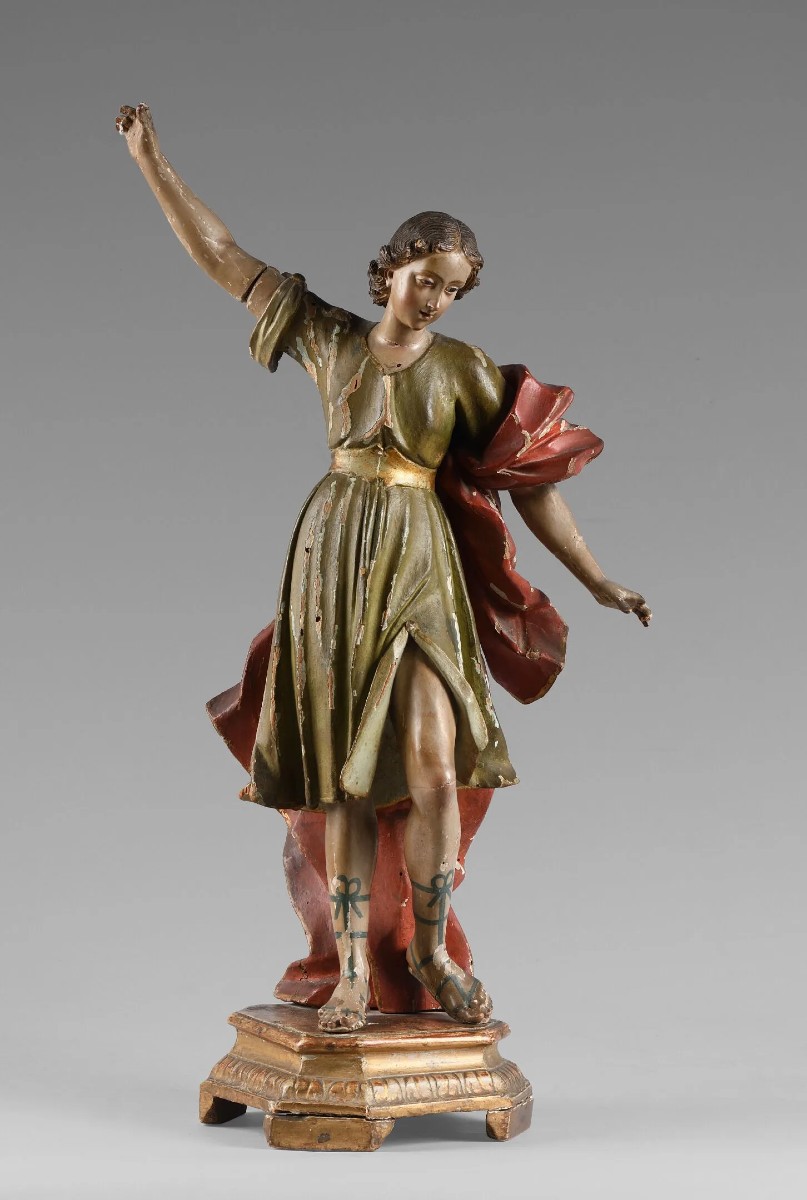 Polychrome Carved Wooden Statue Of Saint Michael The Archangel – 18th Century