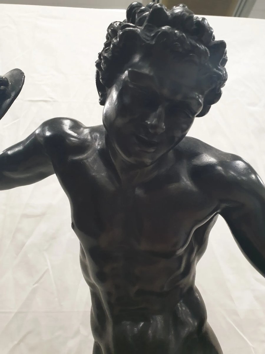 Faun With Cymbals – Bronze Sculpture With Brown Patina-photo-3