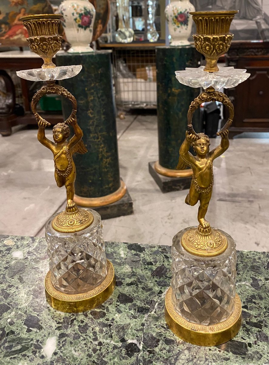 Pair Of Gilded Bronze And Cut-glass Candlesticks — Empire / Restoration Period-photo-4