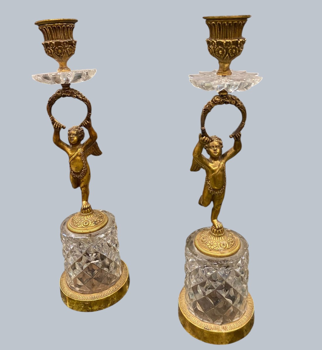 Pair Of Gilded Bronze And Cut-glass Candlesticks — Empire / Restoration Period