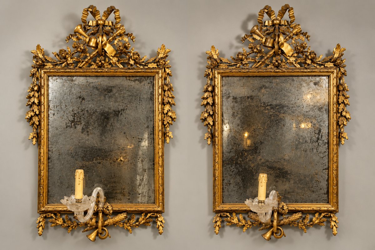 Pair Of Louis XVI-style Gilded Wooden Mirrors With Antique Mercury-glass Panels