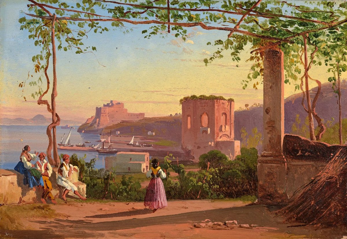 Paire de tableaux anciens – Vues de Naples, Italie, XIXe siècle-photo-2
