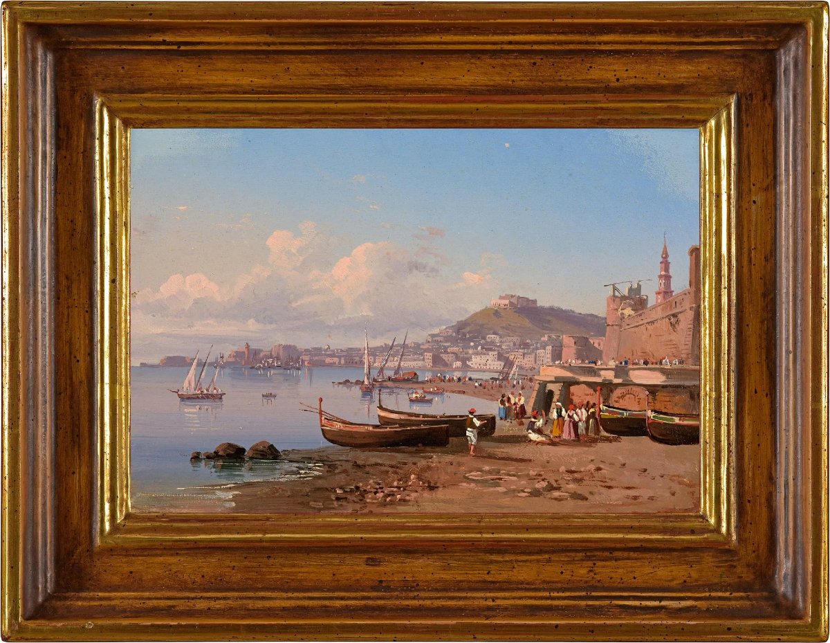 Paire de tableaux anciens – Vues de Naples, Italie, XIXe siècle-photo-3