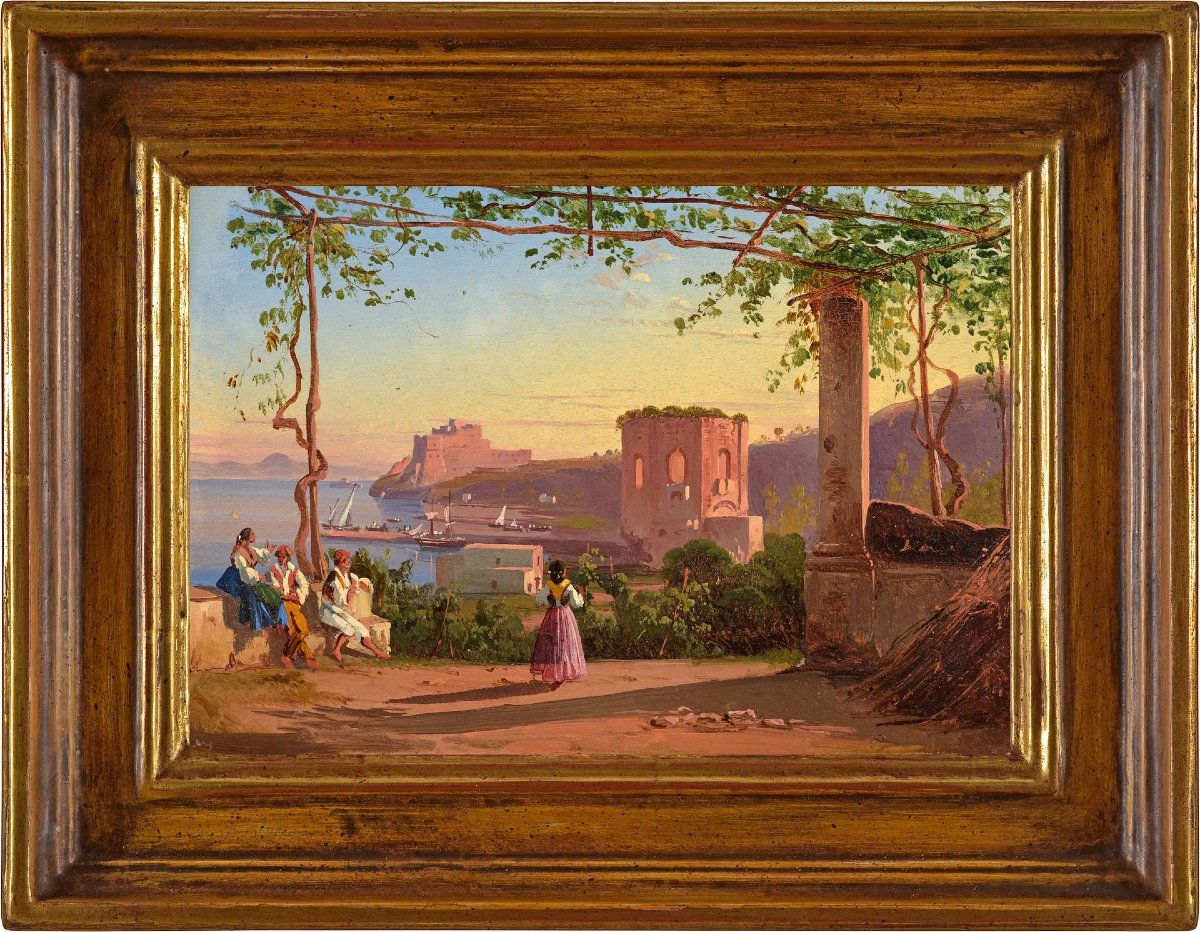 Paire de tableaux anciens – Vues de Naples, Italie, XIXe siècle-photo-4