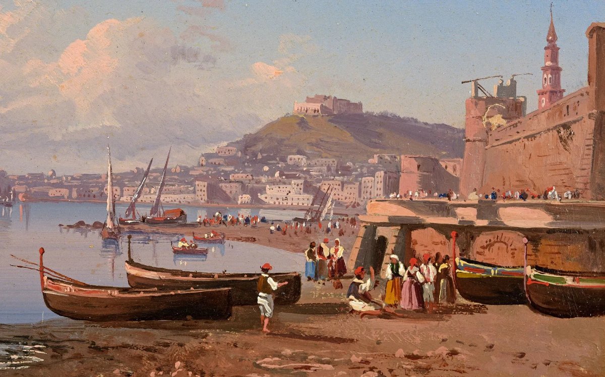 Paire de tableaux anciens – Vues de Naples, Italie, XIXe siècle-photo-1
