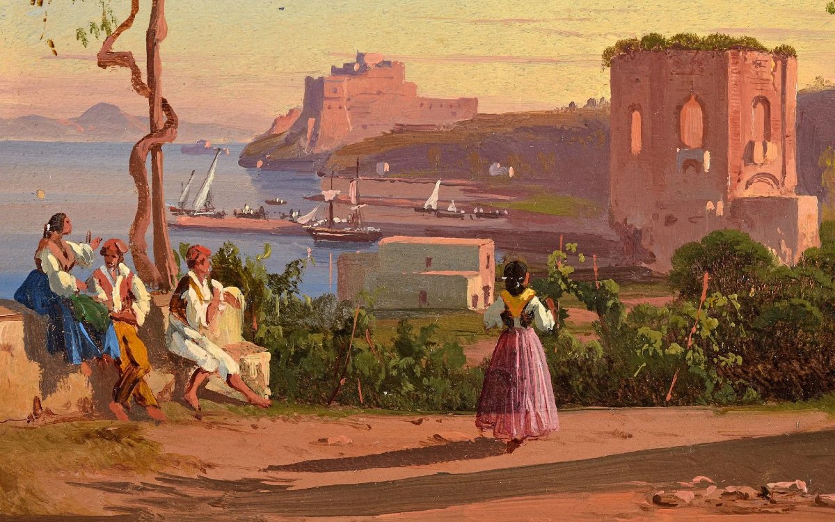 Paire de tableaux anciens – Vues de Naples, Italie, XIXe siècle-photo-2