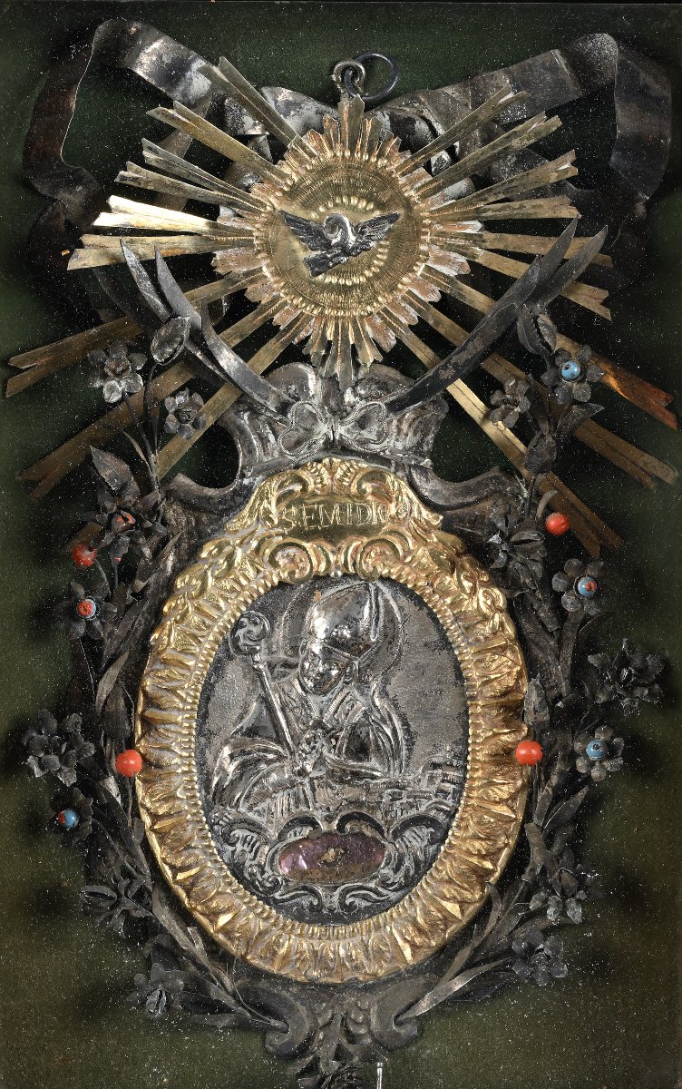 Antique Devotional Plaque In Embossed Silver And Gilded Metal, 18th Century-photo-2