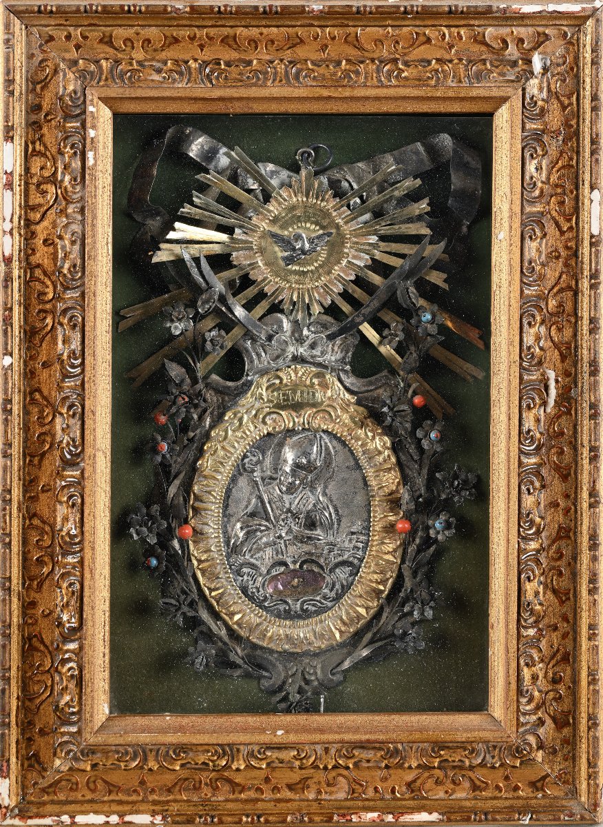 Antique Devotional Plaque In Embossed Silver And Gilded Metal, 18th Century