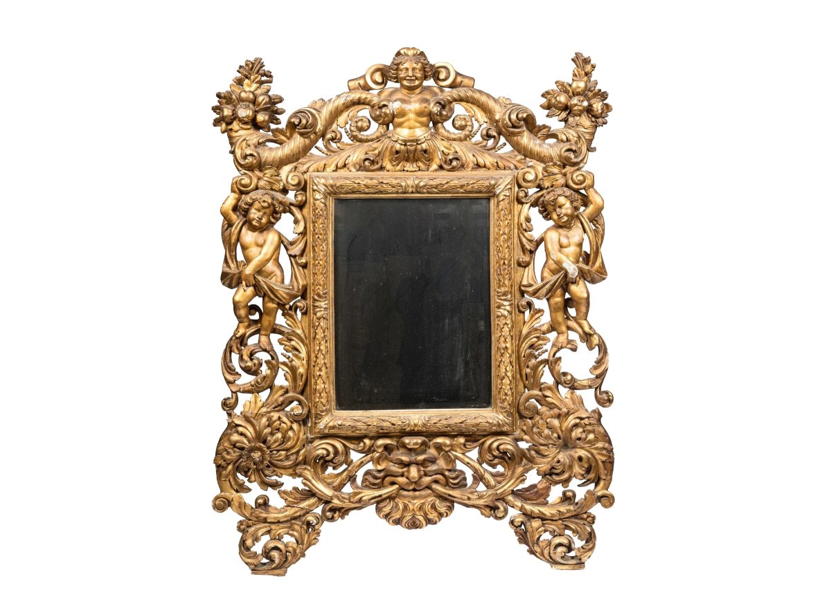Large 18th-century Italian Mirror With Cherubs, Cornucopias, And Gilding