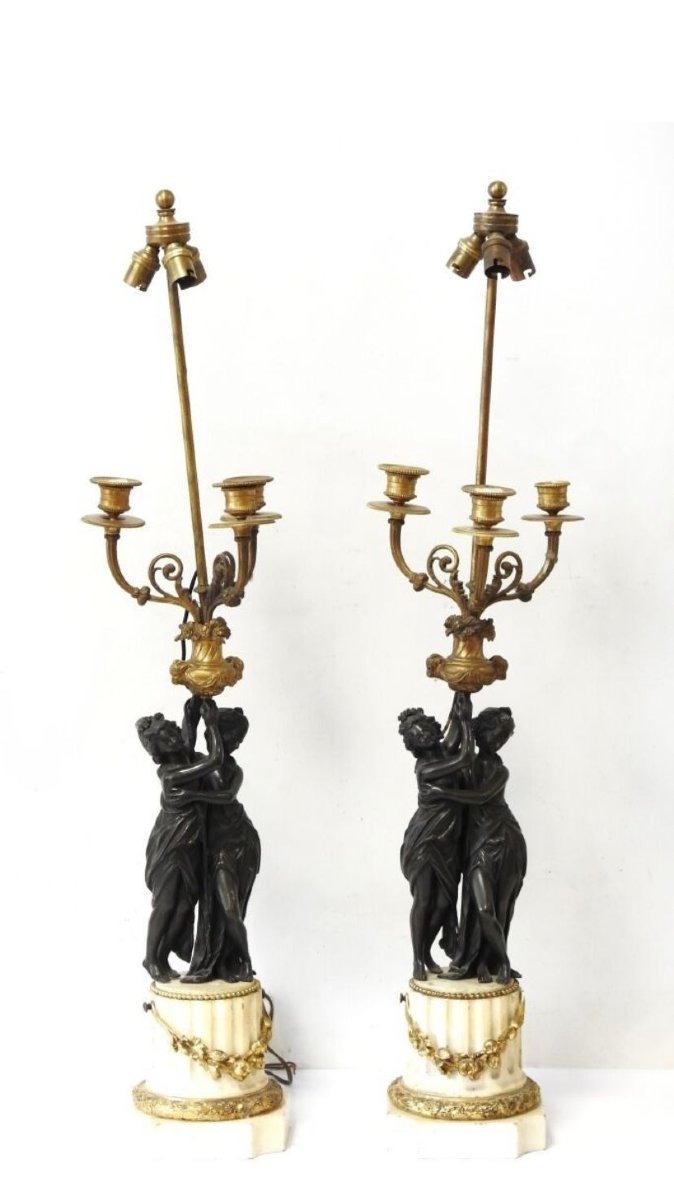 Paire de lampes de style Louis XVI en bronze doré et marbre blanc – XIXe siècle-photo-3