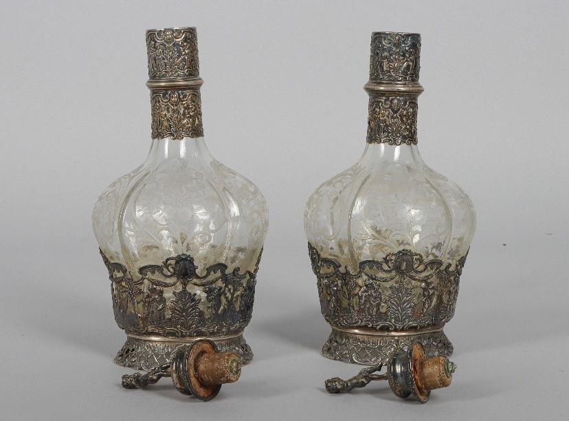 Pair Of Cut Crystal Carafes With 800‰ Silver Mounts-photo-3