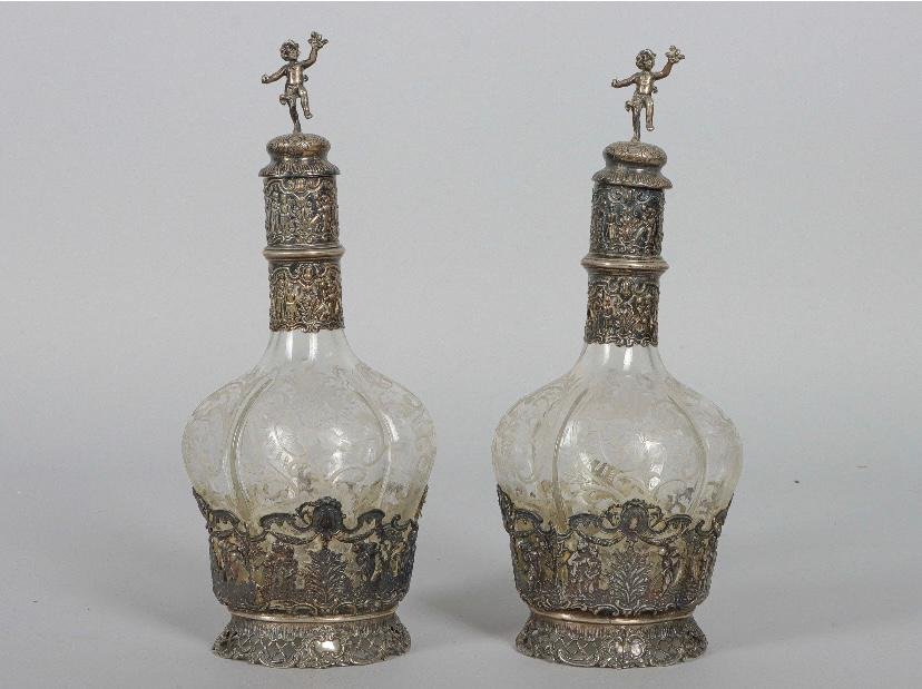 Pair Of Cut Crystal Carafes With 800‰ Silver Mounts