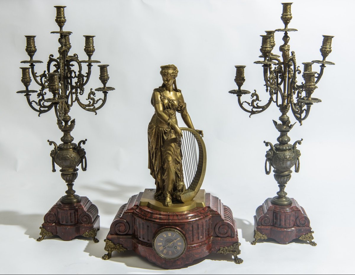 Important Bronze And Rouge Griotte Marble Mantelpiece Triptych, France, Late 19th Century