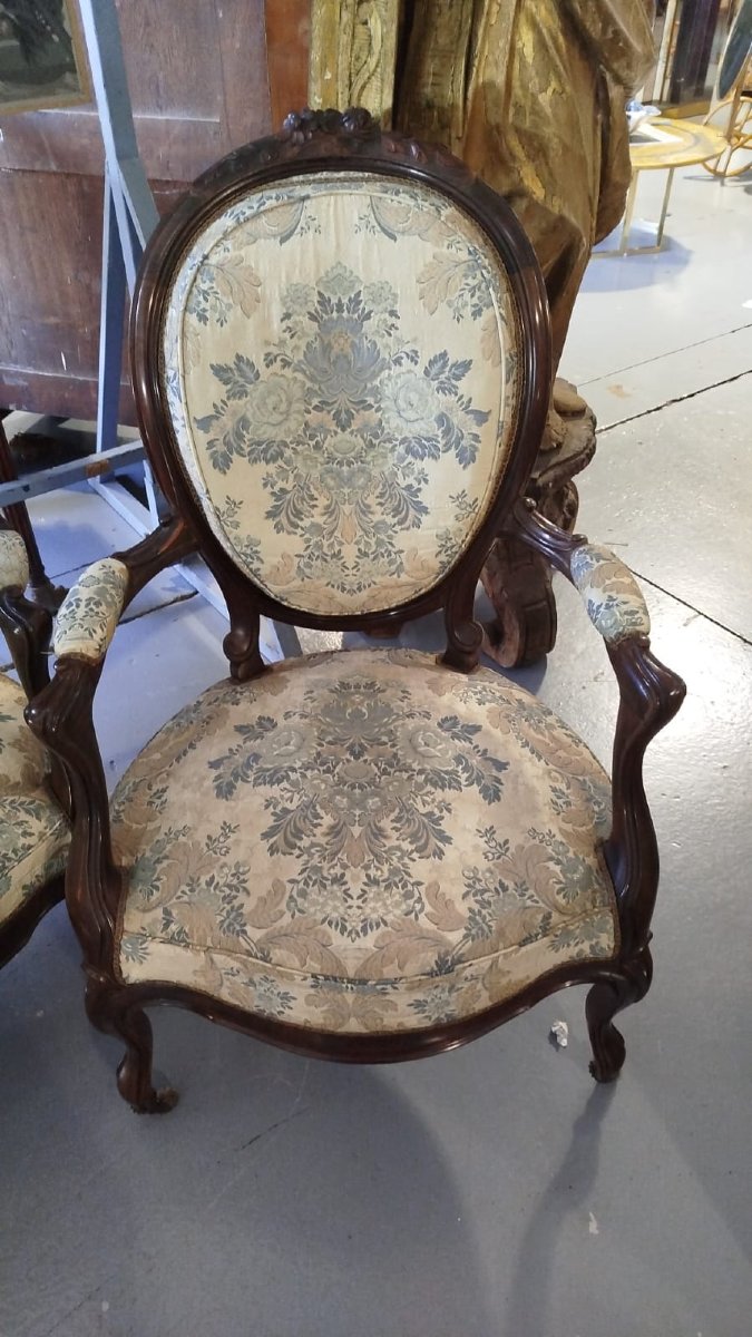 Salon français à dossiers médaillon composé d’un canapé et de deux fauteuils, XIXe siècle-photo-2