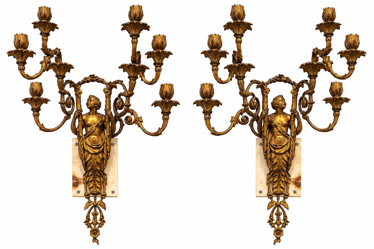 An Important Pair Of Gilded Bronze Wall Sconces Featuring Female Figures – Napoleonic III Period