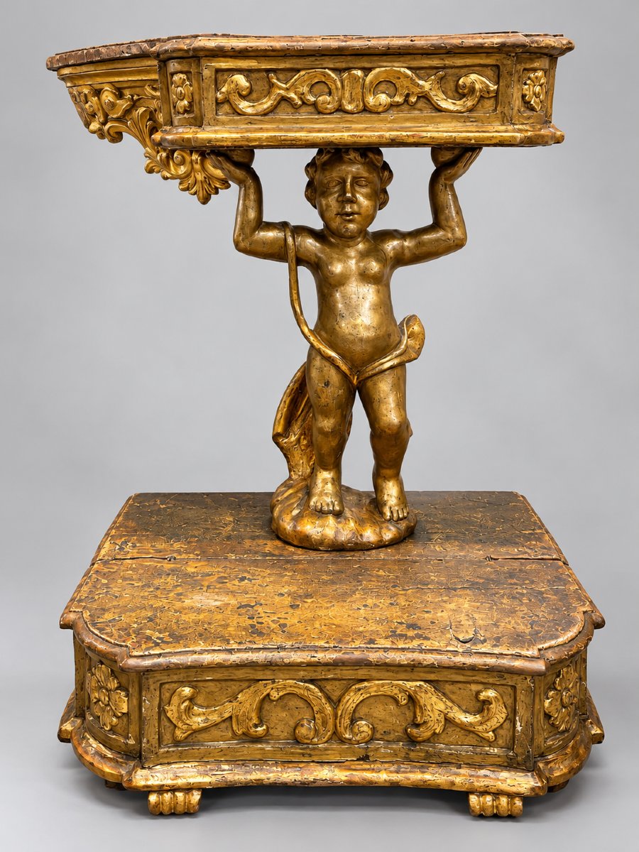 Important prie-Dieu en bois sculpté et doré à décor de putto – H. 82 cm