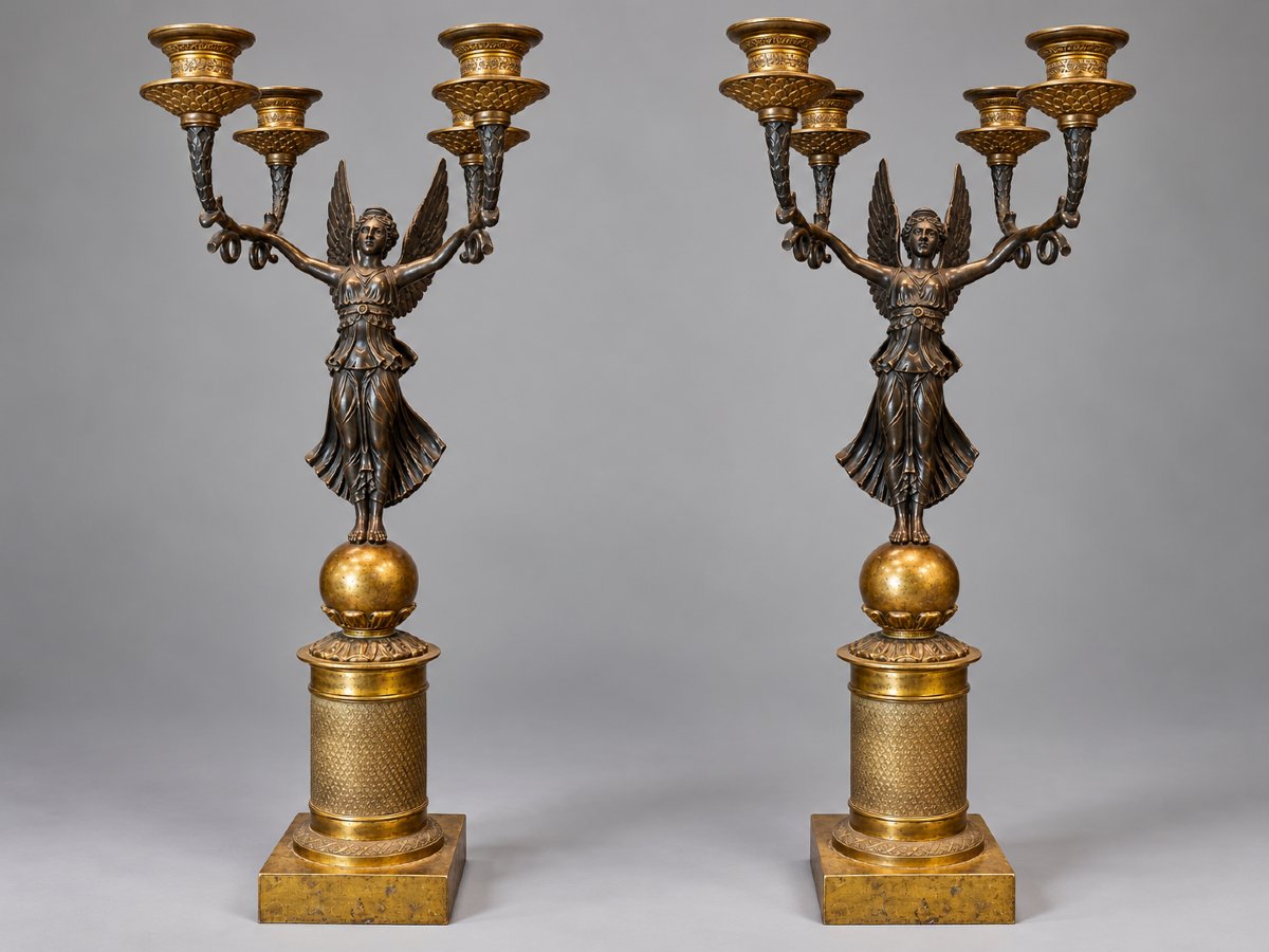 Paire de grands candélabres en bronze doré et patiné aux Victoires ailées – Style Empire