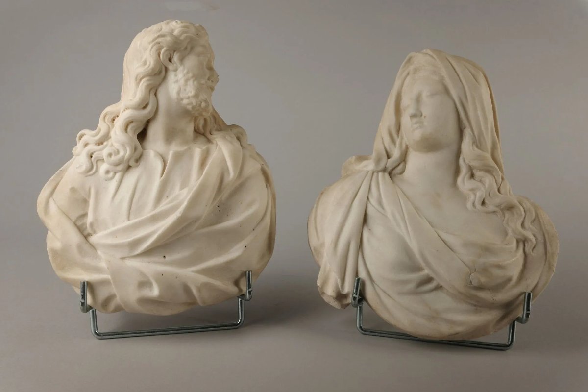Salvator Mundi et Vierge, paire de bustes en marbre – école provençale ou génoise, vers 1700