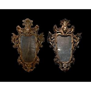 Importante Paire De Miroirs En Bois Sculpté, Argent Et Mecque, Louis XIV, XVIIIème