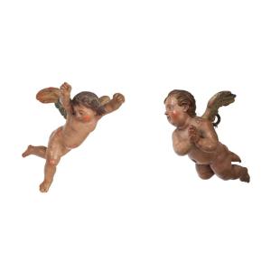 Pair de "Chérubins" Anges De Crèche Napolitaine En Bois, XVIIIème Naples